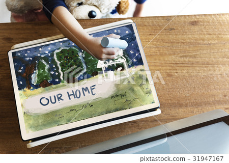 Children painting home winter drawing 31947167