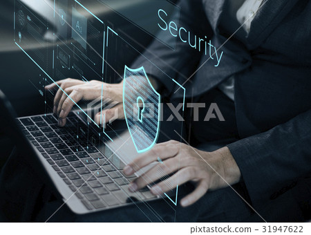 Man working on laptop network graphic 31947622