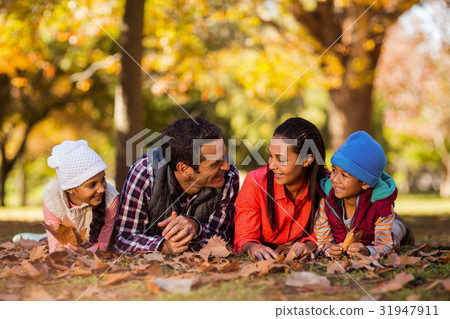 Happy family lying on field at park 31947911