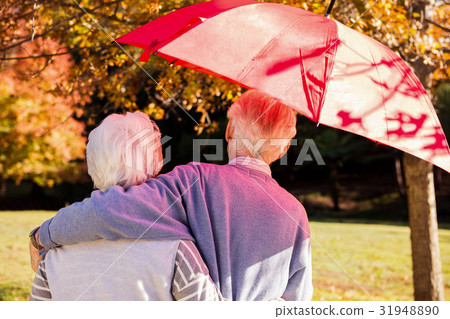 Senior couple embracing under an umbrella 31948890