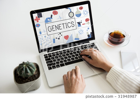 Hands working on laptop network graphic overlay 31948987