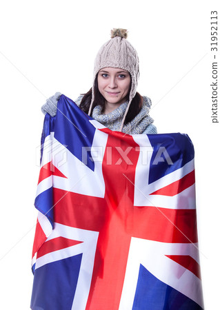Happy woman holding British flag. isolated on Happy woman holding British flag. isolated on 31952113