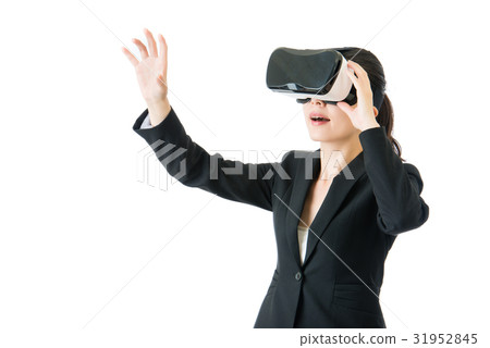 asian business woman touch screen by VR headset asian business woman touch screen by VR headset 31952845