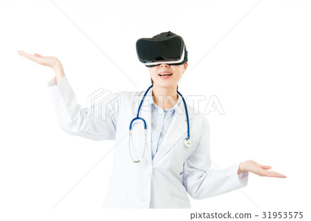 asian doctor hand measure by VR headset glasses asian doctor hand measure by VR headset glasses 31953575