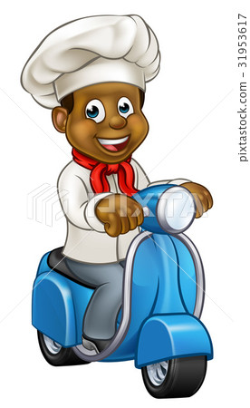 Cartoon Black Chef Delivery Moped Cartoon Black Chef Delivery Moped 31953617