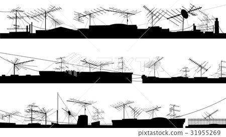Set of silhouettes of roof with antennas. 31955269