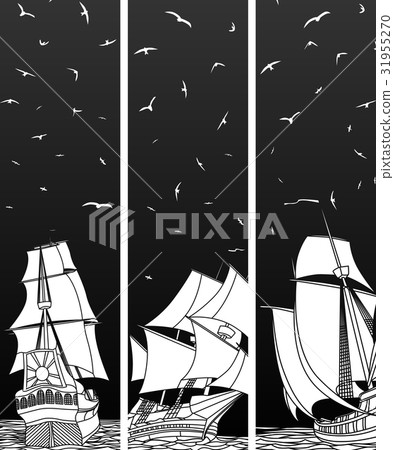 Vertical banners of sailing ships with birds. 31955270