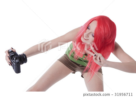 young girl with photocamera isolated on white young girl with photocamera isolated on white 31956711
