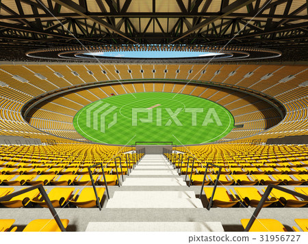New modern cricket stadium with dark yellow seats 31956727