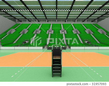 Beautiful modern volleyball arena with green seats Beautiful modern volleyball arena with green seats 31957093