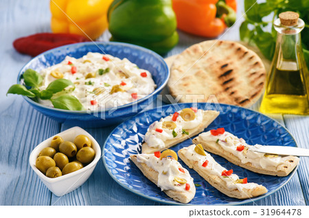 Feta cheese spread with olives and pepper. Feta cheese spread with olives and pepper. 31964478