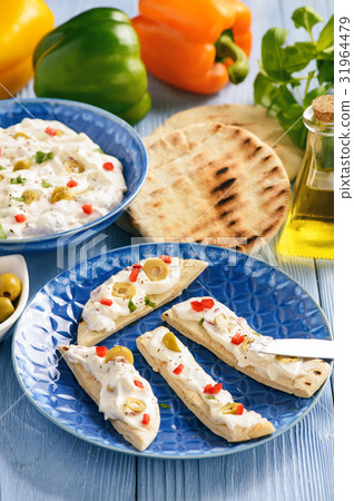 Feta cheese spread with olives and pepper. Feta cheese spread with olives and pepper. 31964479