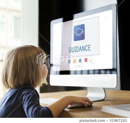 Small girl working on computer network graphic overlay 31967283