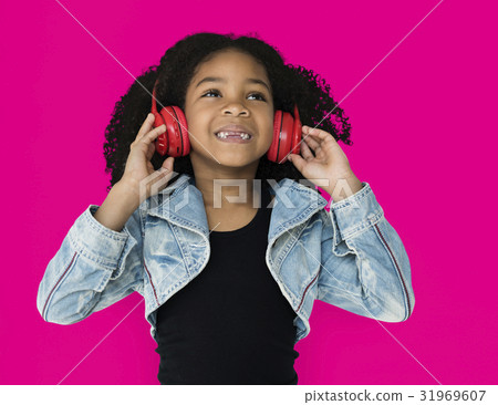 Little Girl Listening Music Headphones Studio Portrait Little Girl Listening Music Headphones Studio Portrait 31969607