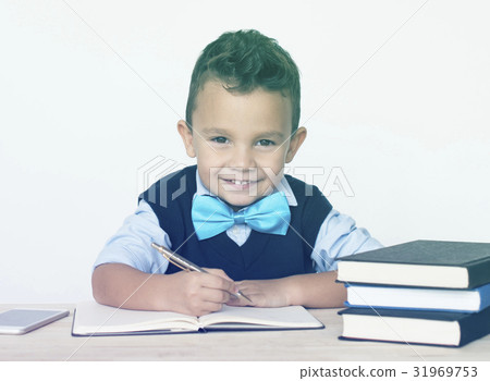 Young Schoolboy Writing Bookworm Education 31969753