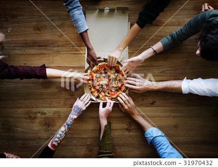 People Hands Grabbing Pizza from Delivery Box People Hands Grabbing Pizza from Delivery Box 31970432