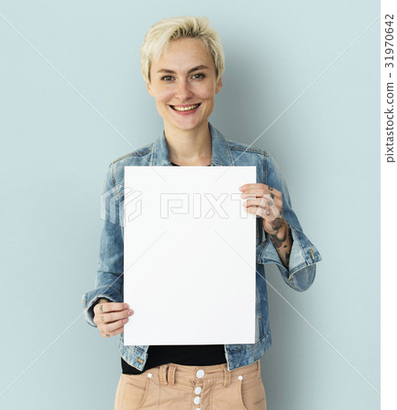 Adult Woman Hands Hold Blank Paper Board Copy Space 31970642