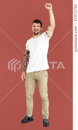 Adult Man Hand Up Smile Expression Studio Portrait 31971793