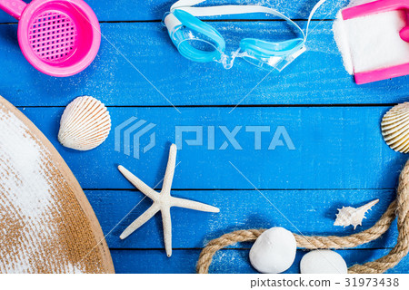 summer season, beach on wooden, copy space summer season, beach on wooden, copy space 31973438