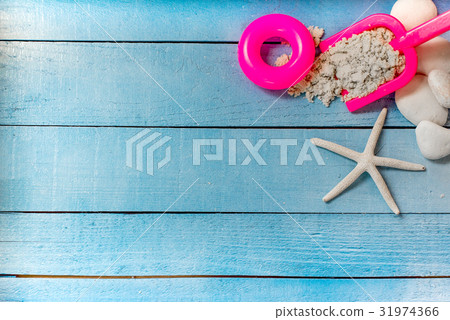 summer season, beach on wooden, copy space 31974366