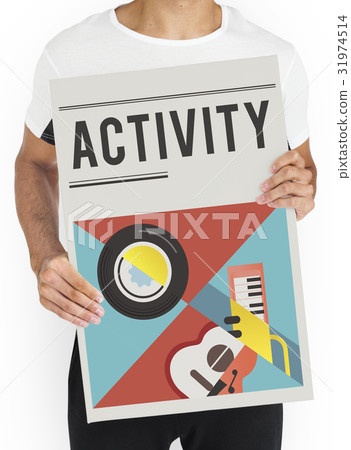 Man holding banner of music audio passion leisure activity Man holding banner of music audio passion leisure activity 31974514