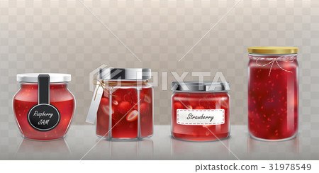Collection of glass jars with jam in a realistic 31978549