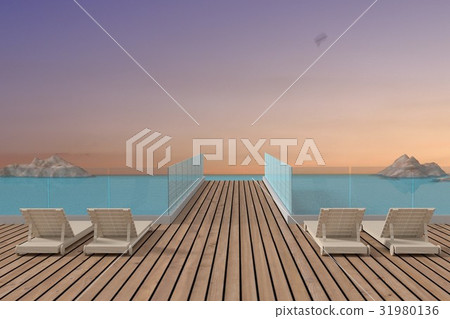 sunset seaview with beach lounge design in 3D 31980136