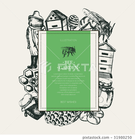 Bee Garden - modern drawn square postcard template Bee Garden - modern drawn square postcard template 31980250