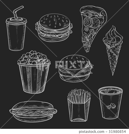 Fast food meals vecor icons set of chalk sketch 31980854