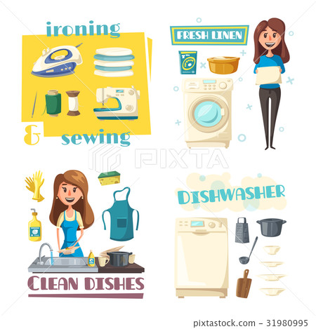 Vector home cleaning and washing, woman ironing 31980995