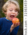 cute 5 year old child eating an apple 31983459