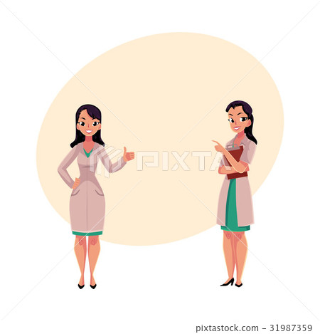 Two woman doctors in medical coats, thumb up 31987359