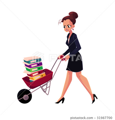 Sad, frustrated woman, girl, businesswoman pushing 31987700