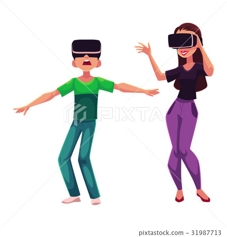 Boy and girl wearing virtual reality headsets 31987713