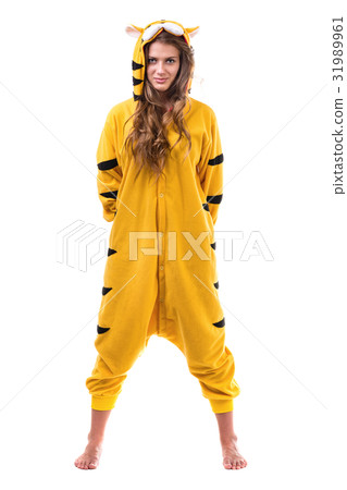 young woman in the tiger costume. Isolated on 31989961