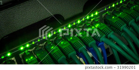 Server rack with green internet patch cord cables 31990201