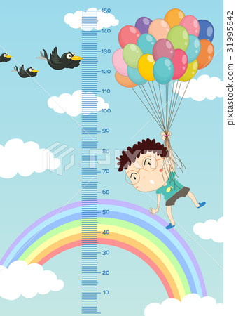 Chart with boy flying balloons in sky backgro 31995842
