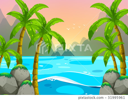 Ocean scene with mountains in background Ocean scene with mountains in background 31995961
