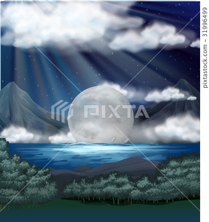 Scene with fullmoon over lake 31996499