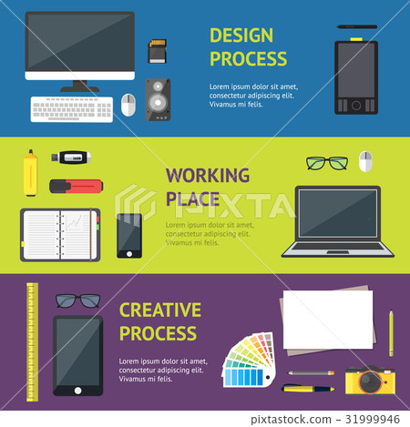 Cartoon Designer Workplace Banner Horizontal Set 31999946