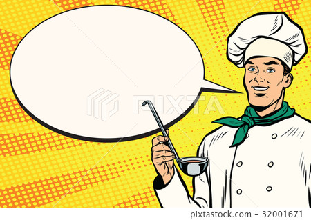 Caucasian chef with ladle for cooking, comic 32001671