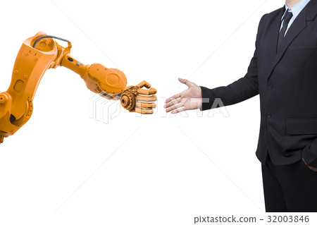 Auto robot and human holding hands with handshake Auto robot and human holding hands with handshake 32003846