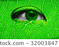 Close up of green eye and leaf texture on face 32003847