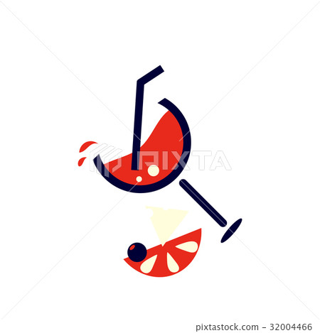 Summer cocktail flat icon. Coctail glass with a tube and a slice of fruit.  32004466