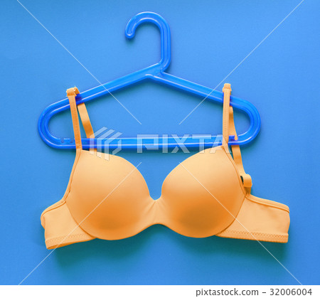 Summer concept, bra on coat hanger on blue  32006004