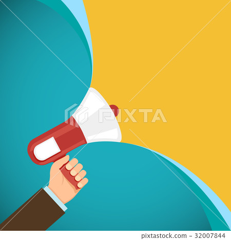 Megaphone in human hand. Marketing and promotions. 32007844