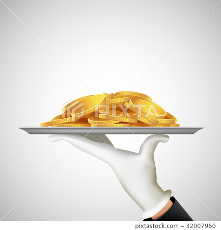 Human hand holding a tray with gold coins. Human hand holding a tray with gold coins. 32007960