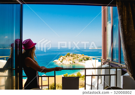 Girl in Red Hat Panorama Sveti Stefan Montenegro Girl in Red Hat Panorama Sveti Stefan Montenegro 32008802
