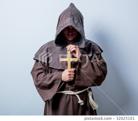 Portrait of Young catholic monk with cross 32025181