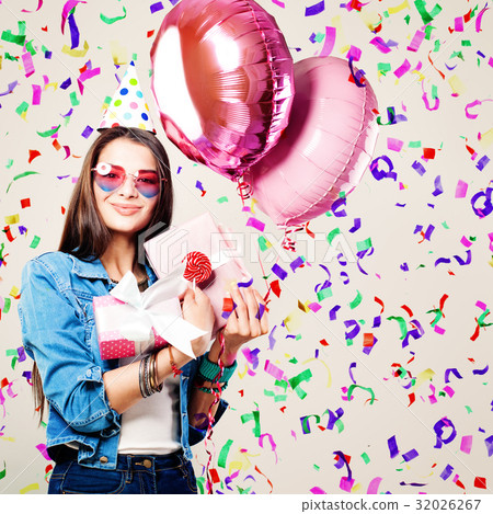 Beautiful Smiling Woman with Pink Balloons 32026267